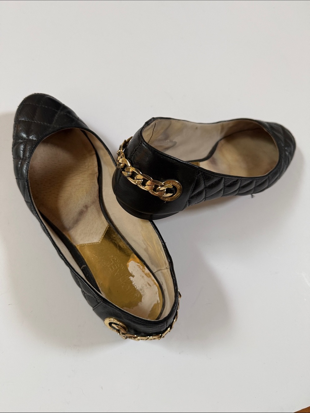 MICHAEL Michael Kors Black Quilted Ballet Flats with Gold Chain